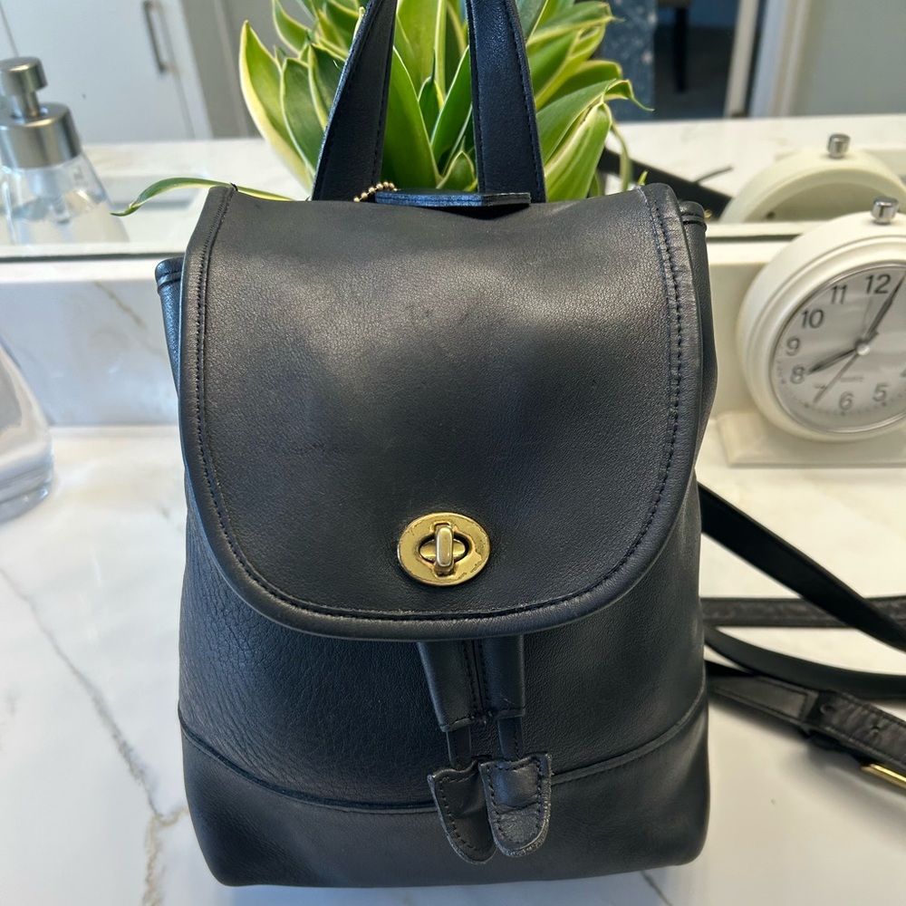 Coach Black Leather Mini Backpack with Gold Turnlock
